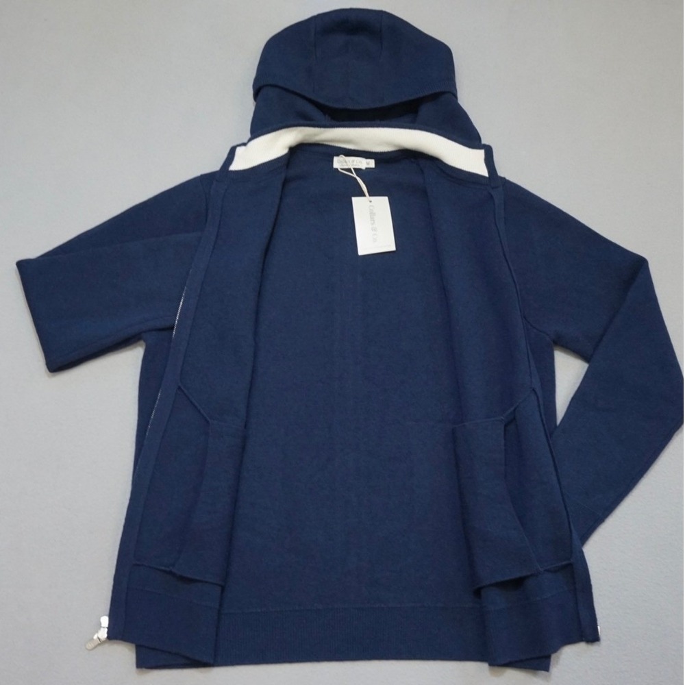 COLLARS & CO Napoli Signature Hooded Wool Cashmere Sweater Mens M Navy Removable - Picture 6 of 13